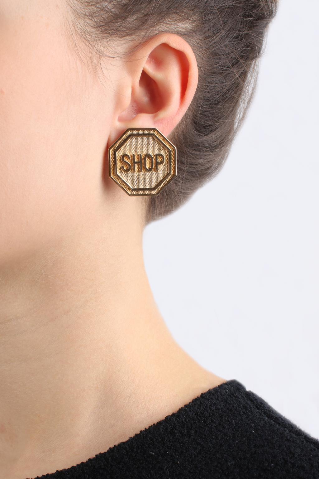 Moschino Couture Gold-Tone Textured Shop- Stop Sign Clip Earrings newest